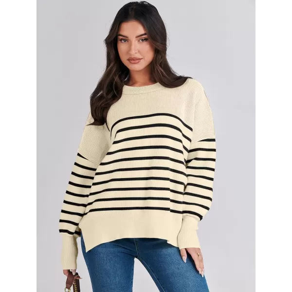 imageANRABESS Oversized Sweaters for Women Fall 2023 Crewneck Batwing Long Sleeve Side Slit Knit Pullover Sweater Tops JumperBeige Stripe Black