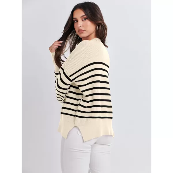 imageANRABESS Oversized Sweaters for Women Fall 2023 Crewneck Batwing Long Sleeve Side Slit Knit Pullover Sweater Tops JumperBeige Stripe Black