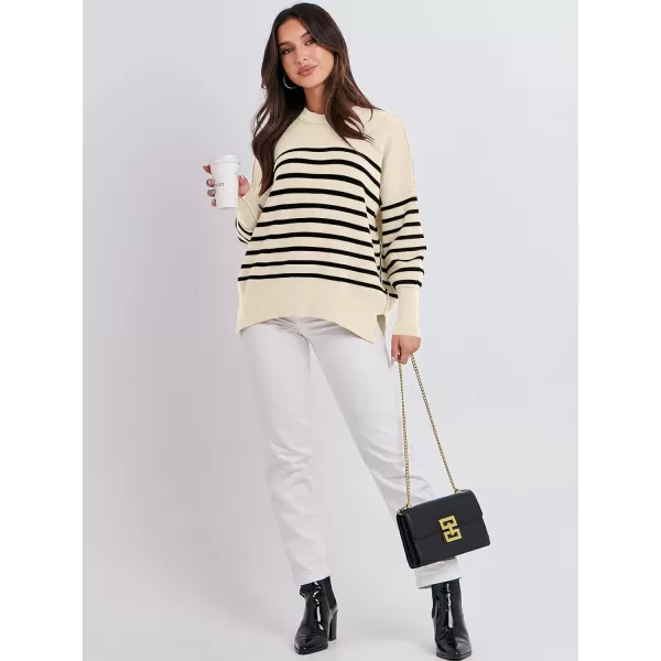 imageANRABESS Oversized Sweaters for Women Fall 2023 Crewneck Batwing Long Sleeve Side Slit Knit Pullover Sweater Tops JumperBeige Stripe Black