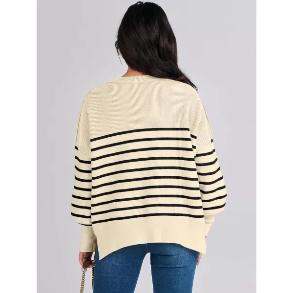 imageANRABESS Oversized Sweaters for Women Fall 2023 Crewneck Batwing Long Sleeve Side Slit Knit Pullover Sweater Tops JumperBeige Stripe Black
