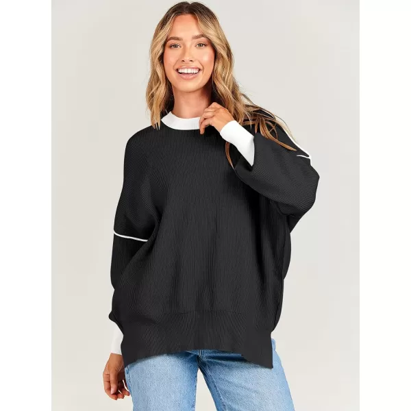 imageANRABESS Oversized Sweaters for Women Fall 2023 Crewneck Batwing Long Sleeve Side Slit Knit Pullover Sweater Tops JumperBlack