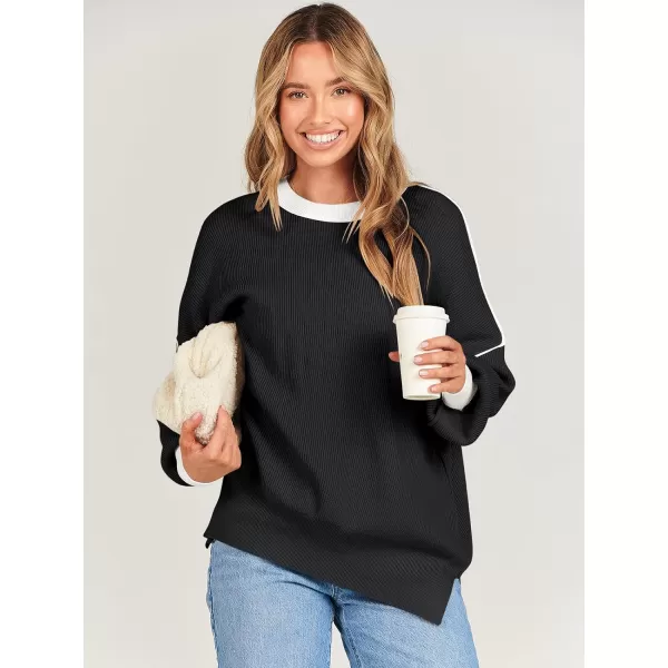 imageANRABESS Oversized Sweaters for Women Fall 2023 Crewneck Batwing Long Sleeve Side Slit Knit Pullover Sweater Tops JumperBlack