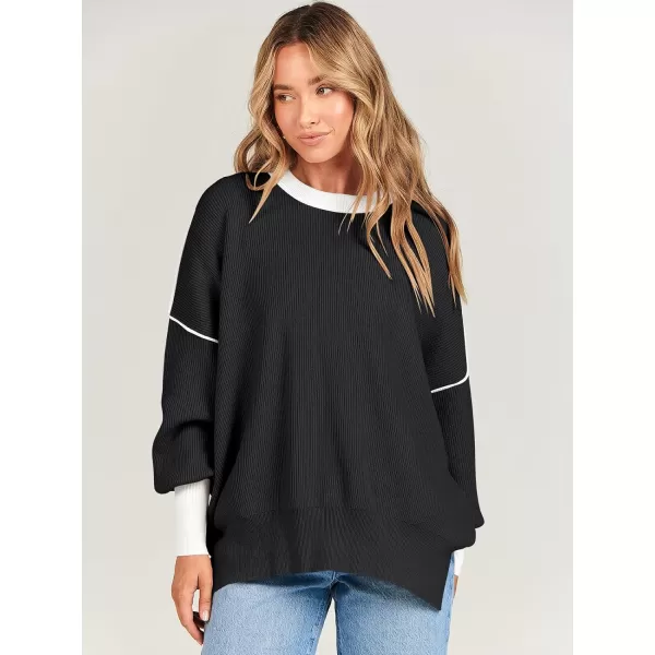 imageANRABESS Oversized Sweaters for Women Fall 2023 Crewneck Batwing Long Sleeve Side Slit Knit Pullover Sweater Tops JumperBlack