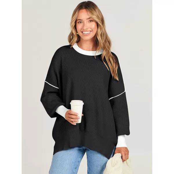 imageANRABESS Oversized Sweaters for Women Fall 2023 Crewneck Batwing Long Sleeve Side Slit Knit Pullover Sweater Tops JumperBlack