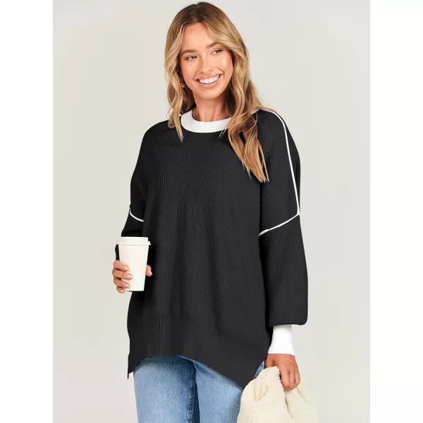imageANRABESS Oversized Sweaters for Women Fall 2023 Crewneck Batwing Long Sleeve Side Slit Knit Pullover Sweater Tops JumperBlack