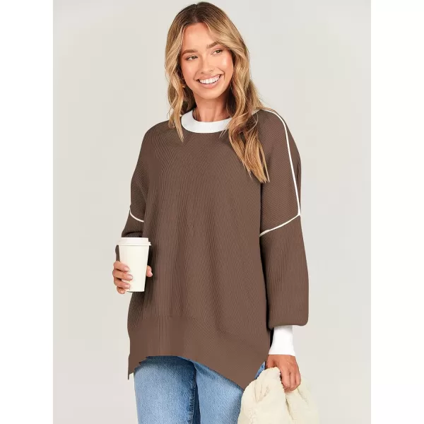 imageANRABESS Oversized Sweaters for Women Fall 2023 Crewneck Batwing Long Sleeve Side Slit Knit Pullover Sweater Tops JumperBrown