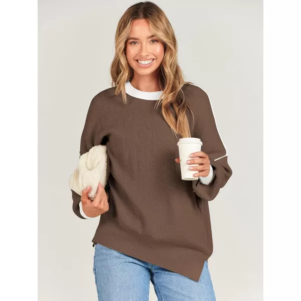 imageANRABESS Oversized Sweaters for Women Fall 2023 Crewneck Batwing Long Sleeve Side Slit Knit Pullover Sweater Tops JumperBrown