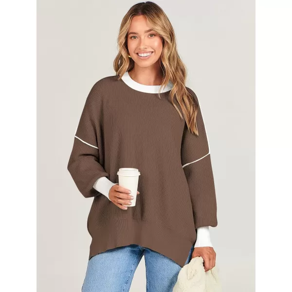 imageANRABESS Oversized Sweaters for Women Fall 2023 Crewneck Batwing Long Sleeve Side Slit Knit Pullover Sweater Tops JumperBrown