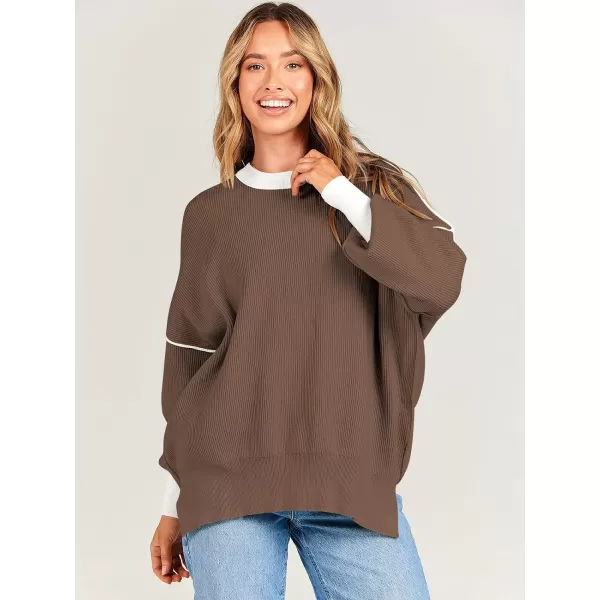 imageANRABESS Oversized Sweaters for Women Fall 2023 Crewneck Batwing Long Sleeve Side Slit Knit Pullover Sweater Tops JumperBrown
