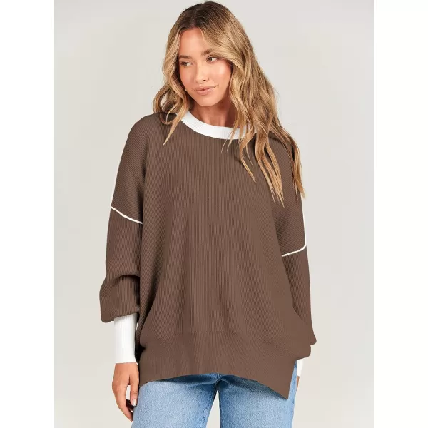 imageANRABESS Oversized Sweaters for Women Fall 2023 Crewneck Batwing Long Sleeve Side Slit Knit Pullover Sweater Tops JumperBrown