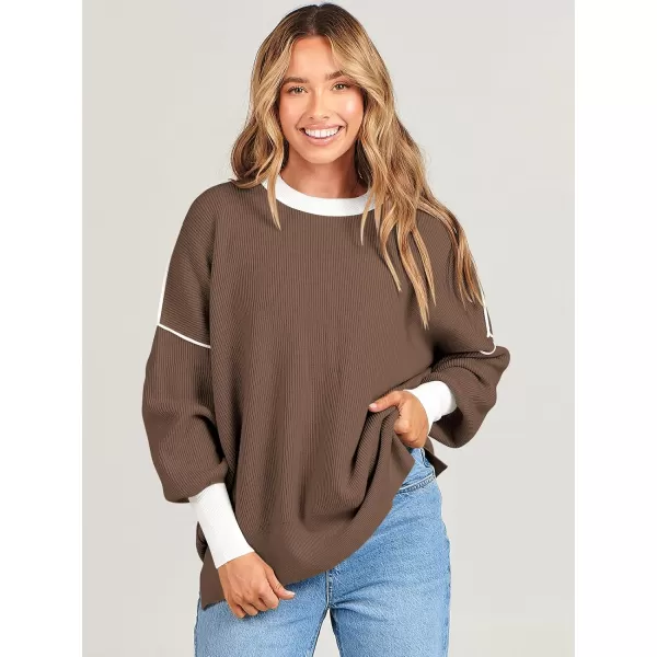 imageANRABESS Oversized Sweaters for Women Fall 2023 Crewneck Batwing Long Sleeve Side Slit Knit Pullover Sweater Tops JumperBrown
