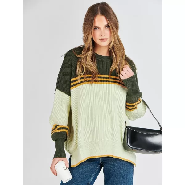 imageANRABESS Oversized Sweaters for Women Fall 2023 Crewneck Batwing Long Sleeve Side Slit Knit Pullover Sweater Tops JumperColorblock Armygreen