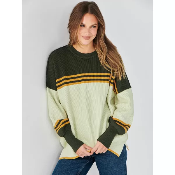 imageANRABESS Oversized Sweaters for Women Fall 2023 Crewneck Batwing Long Sleeve Side Slit Knit Pullover Sweater Tops JumperColorblock Armygreen