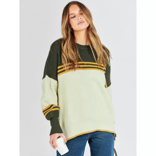 imageANRABESS Oversized Sweaters for Women Fall 2023 Crewneck Batwing Long Sleeve Side Slit Knit Pullover Sweater Tops JumperColorblock Armygreen