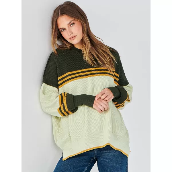 imageANRABESS Oversized Sweaters for Women Fall 2023 Crewneck Batwing Long Sleeve Side Slit Knit Pullover Sweater Tops JumperColorblock Armygreen