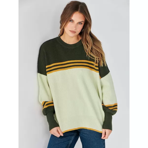 imageANRABESS Oversized Sweaters for Women Fall 2023 Crewneck Batwing Long Sleeve Side Slit Knit Pullover Sweater Tops JumperColorblock Armygreen