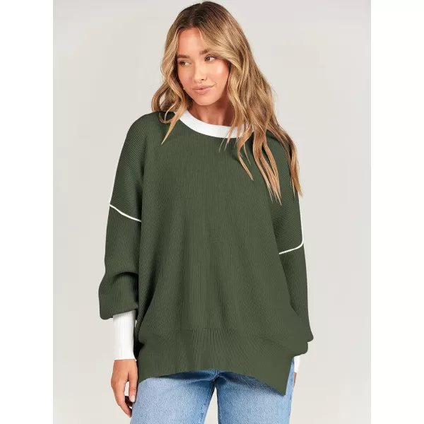 imageANRABESS Oversized Sweaters for Women Fall 2023 Crewneck Batwing Long Sleeve Side Slit Knit Pullover Sweater Tops JumperGreen