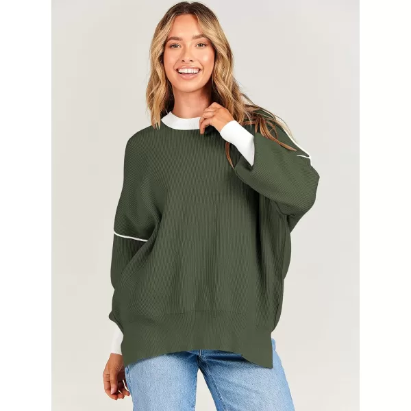 imageANRABESS Oversized Sweaters for Women Fall 2023 Crewneck Batwing Long Sleeve Side Slit Knit Pullover Sweater Tops JumperGreen
