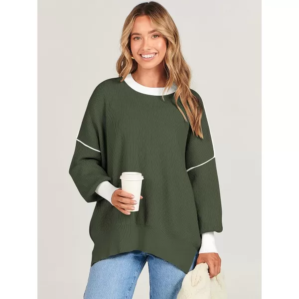 imageANRABESS Oversized Sweaters for Women Fall 2023 Crewneck Batwing Long Sleeve Side Slit Knit Pullover Sweater Tops JumperGreen