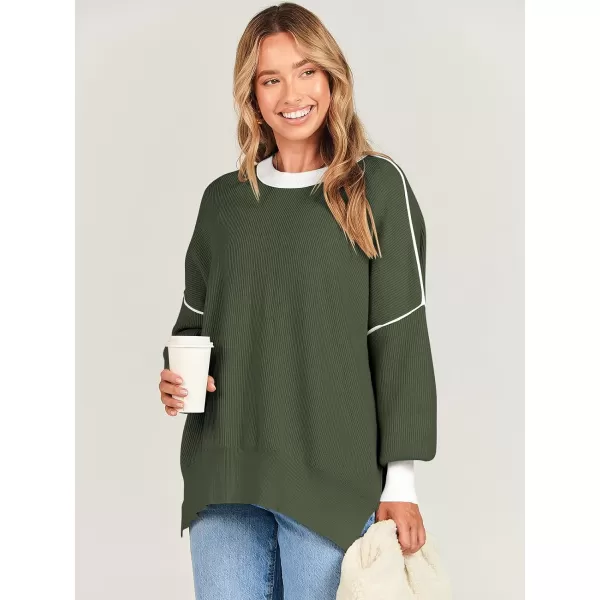 imageANRABESS Oversized Sweaters for Women Fall 2023 Crewneck Batwing Long Sleeve Side Slit Knit Pullover Sweater Tops JumperGreen