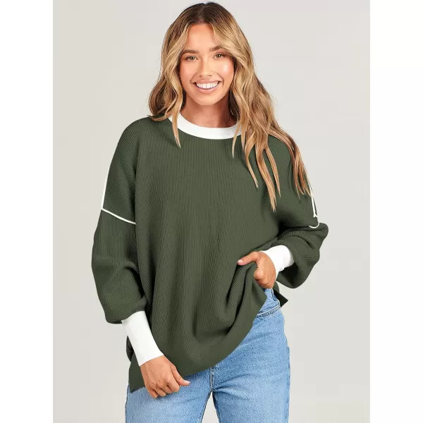 imageANRABESS Oversized Sweaters for Women Fall 2023 Crewneck Batwing Long Sleeve Side Slit Knit Pullover Sweater Tops JumperGreen