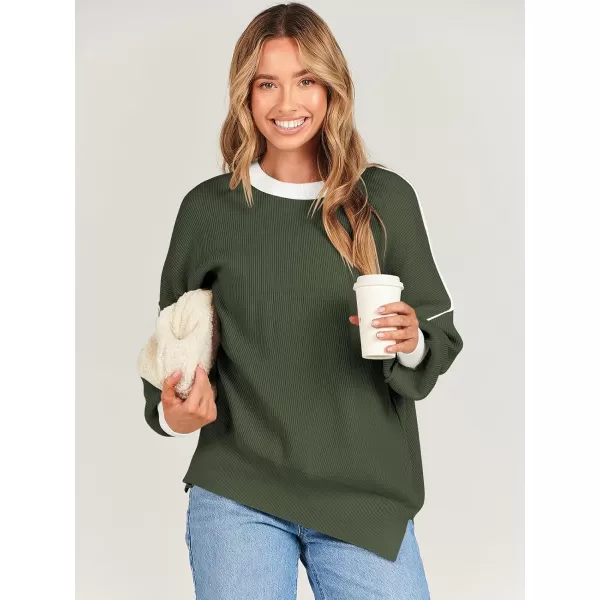 imageANRABESS Oversized Sweaters for Women Fall 2023 Crewneck Batwing Long Sleeve Side Slit Knit Pullover Sweater Tops JumperGreen