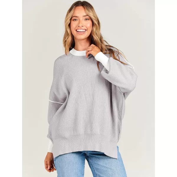 imageANRABESS Oversized Sweaters for Women Fall 2023 Crewneck Batwing Long Sleeve Side Slit Knit Pullover Sweater Tops JumperGrey