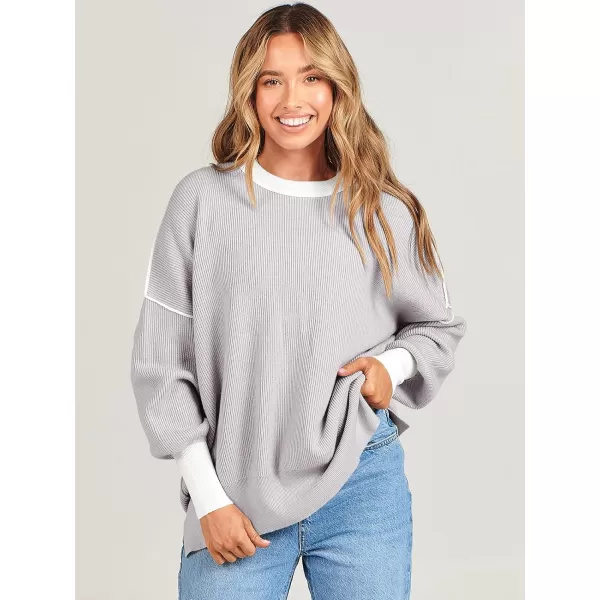 imageANRABESS Oversized Sweaters for Women Fall 2023 Crewneck Batwing Long Sleeve Side Slit Knit Pullover Sweater Tops JumperGrey