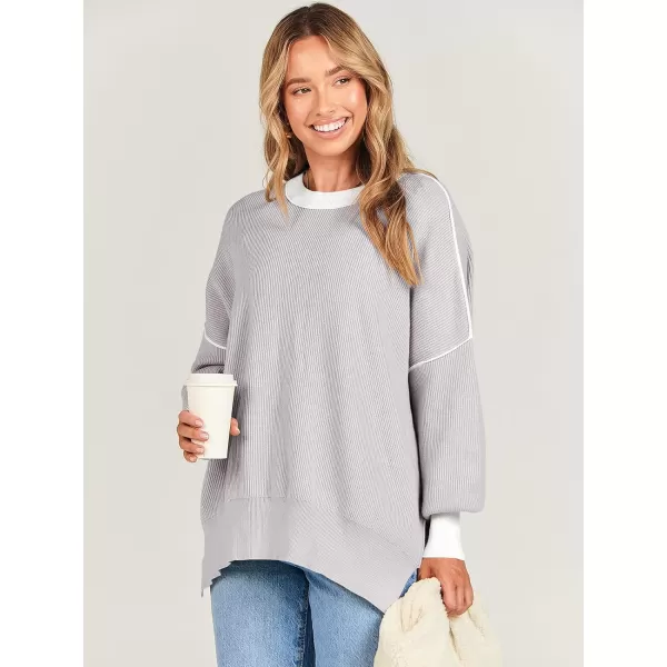 imageANRABESS Oversized Sweaters for Women Fall 2023 Crewneck Batwing Long Sleeve Side Slit Knit Pullover Sweater Tops JumperGrey
