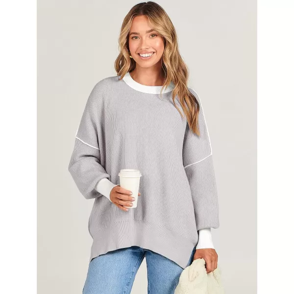 imageANRABESS Oversized Sweaters for Women Fall 2023 Crewneck Batwing Long Sleeve Side Slit Knit Pullover Sweater Tops JumperGrey