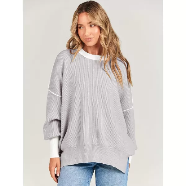 imageANRABESS Oversized Sweaters for Women Fall 2023 Crewneck Batwing Long Sleeve Side Slit Knit Pullover Sweater Tops JumperGrey