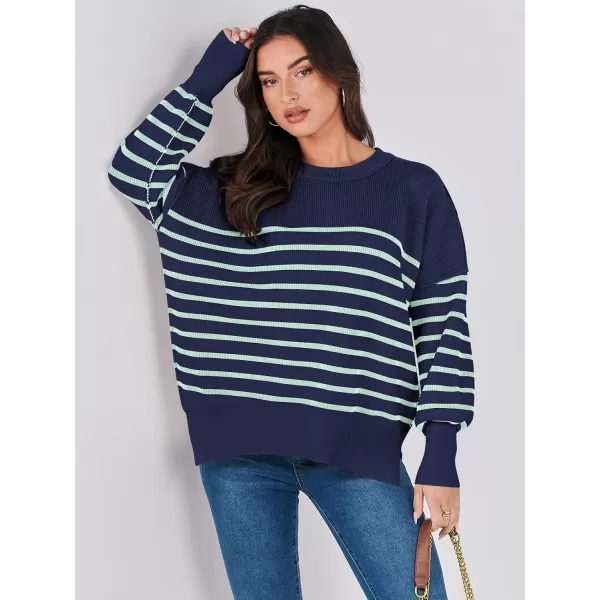 imageANRABESS Oversized Sweaters for Women Fall 2023 Crewneck Batwing Long Sleeve Side Slit Knit Pullover Sweater Tops JumperNavy Blue