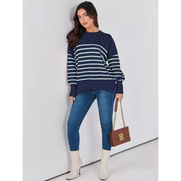 imageANRABESS Oversized Sweaters for Women Fall 2023 Crewneck Batwing Long Sleeve Side Slit Knit Pullover Sweater Tops JumperNavy Blue
