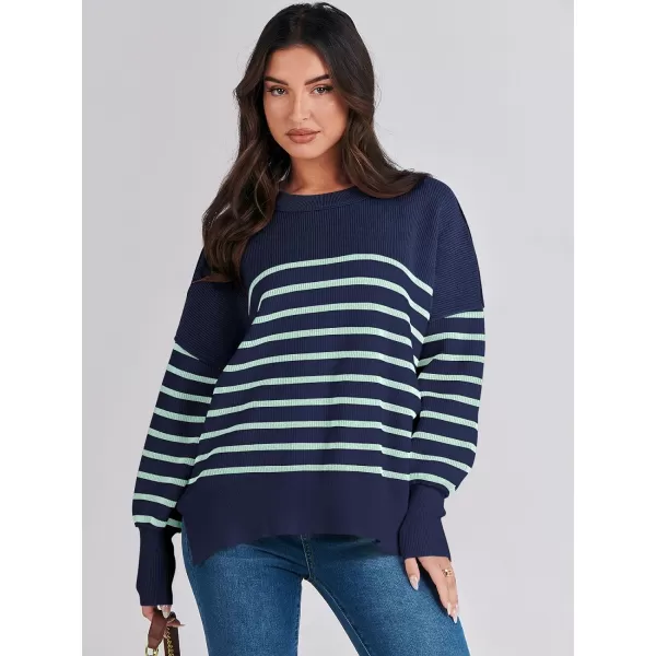 imageANRABESS Oversized Sweaters for Women Fall 2023 Crewneck Batwing Long Sleeve Side Slit Knit Pullover Sweater Tops JumperNavy Blue
