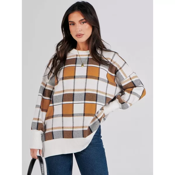imageANRABESS Oversized Sweaters for Women Fall 2023 Crewneck Batwing Long Sleeve Side Slit Knit Pullover Sweater Tops JumperPlaid