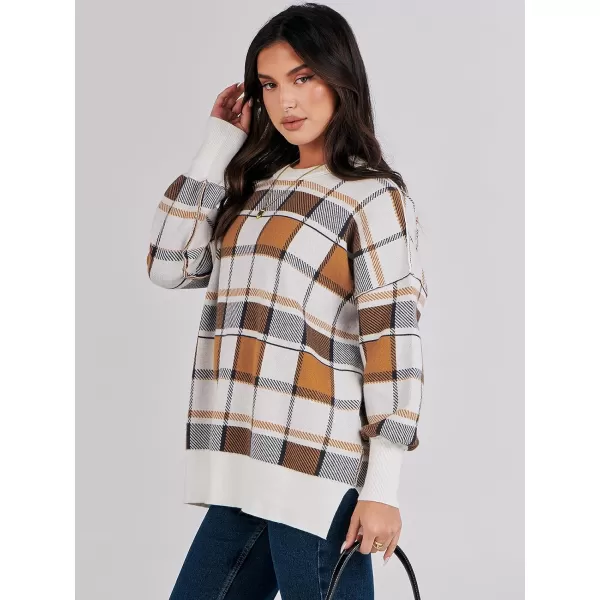 imageANRABESS Oversized Sweaters for Women Fall 2023 Crewneck Batwing Long Sleeve Side Slit Knit Pullover Sweater Tops JumperPlaid