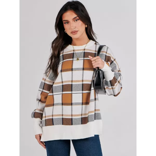 imageANRABESS Oversized Sweaters for Women Fall 2023 Crewneck Batwing Long Sleeve Side Slit Knit Pullover Sweater Tops JumperPlaid