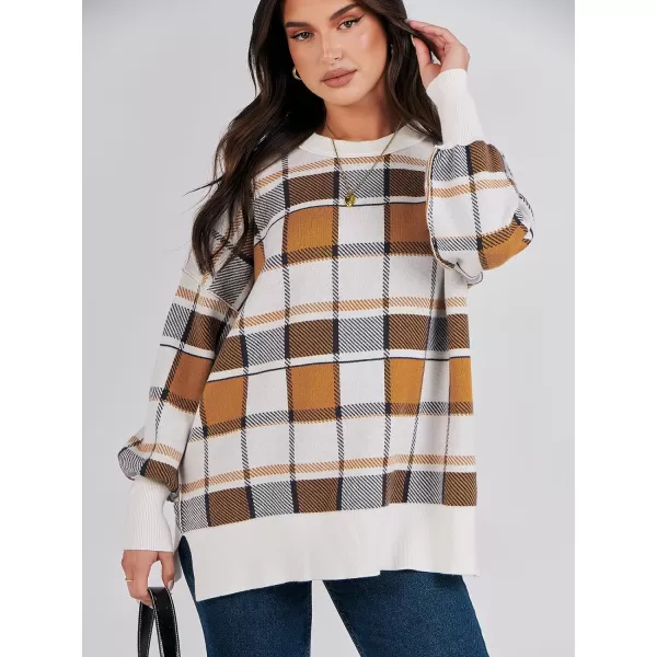 imageANRABESS Oversized Sweaters for Women Fall 2023 Crewneck Batwing Long Sleeve Side Slit Knit Pullover Sweater Tops JumperPlaid