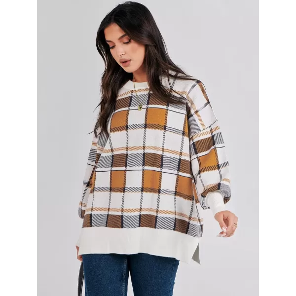 imageANRABESS Oversized Sweaters for Women Fall 2023 Crewneck Batwing Long Sleeve Side Slit Knit Pullover Sweater Tops JumperPlaid