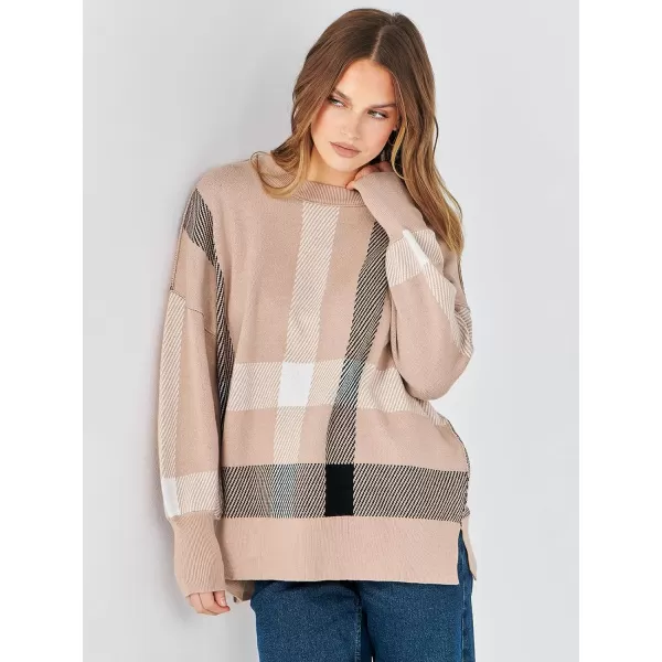 imageANRABESS Oversized Sweaters for Women Fall 2023 Crewneck Batwing Long Sleeve Side Slit Knit Pullover Sweater Tops JumperPlaid Khaki