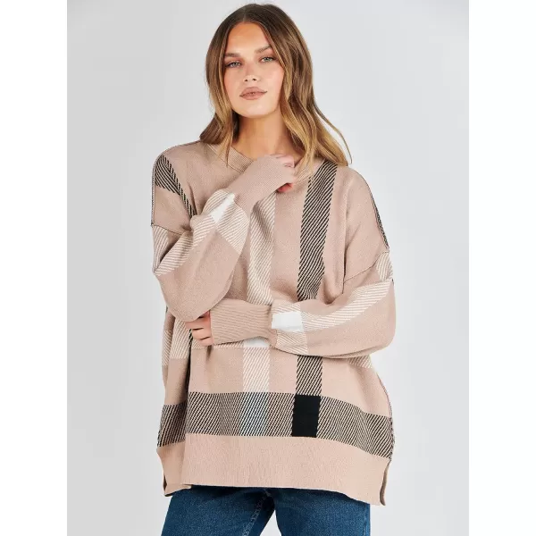 imageANRABESS Oversized Sweaters for Women Fall 2023 Crewneck Batwing Long Sleeve Side Slit Knit Pullover Sweater Tops JumperPlaid Khaki