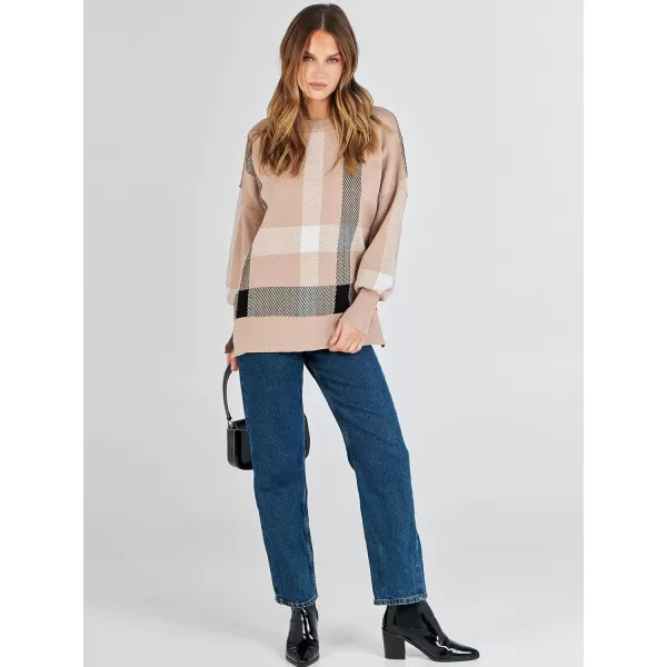 imageANRABESS Oversized Sweaters for Women Fall 2023 Crewneck Batwing Long Sleeve Side Slit Knit Pullover Sweater Tops JumperPlaid Khaki