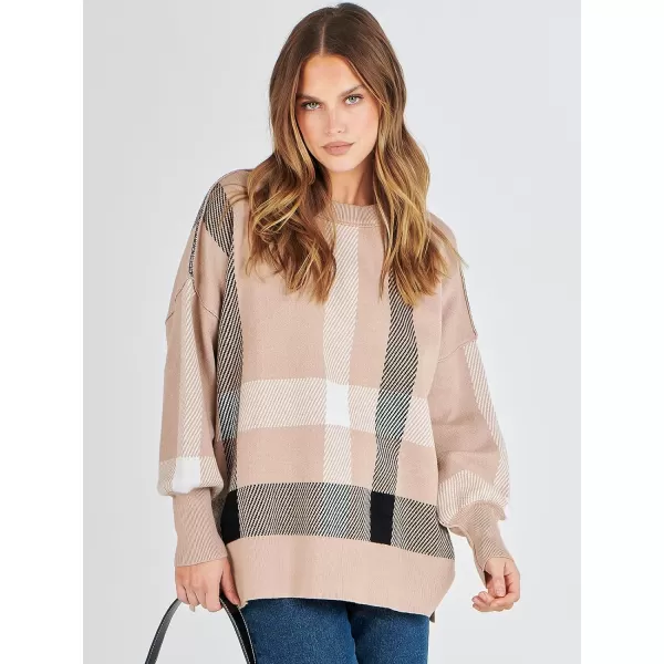 imageANRABESS Oversized Sweaters for Women Fall 2023 Crewneck Batwing Long Sleeve Side Slit Knit Pullover Sweater Tops JumperPlaid Khaki
