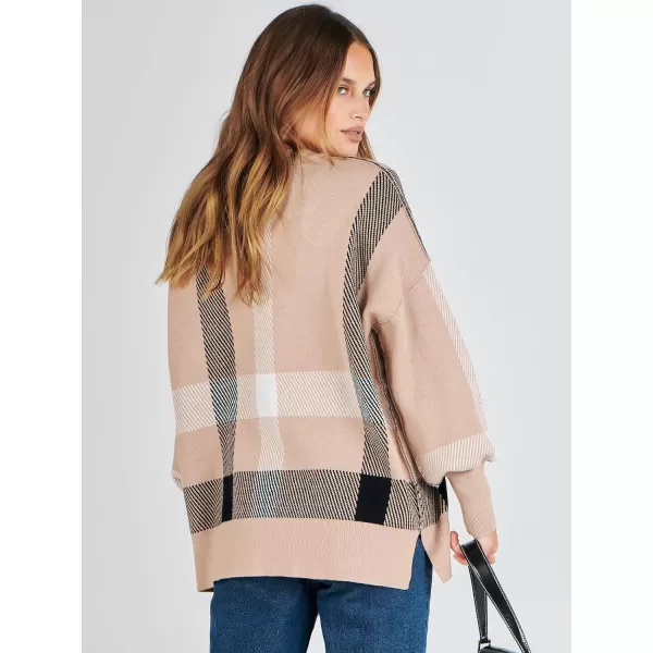 imageANRABESS Oversized Sweaters for Women Fall 2023 Crewneck Batwing Long Sleeve Side Slit Knit Pullover Sweater Tops JumperPlaid Khaki