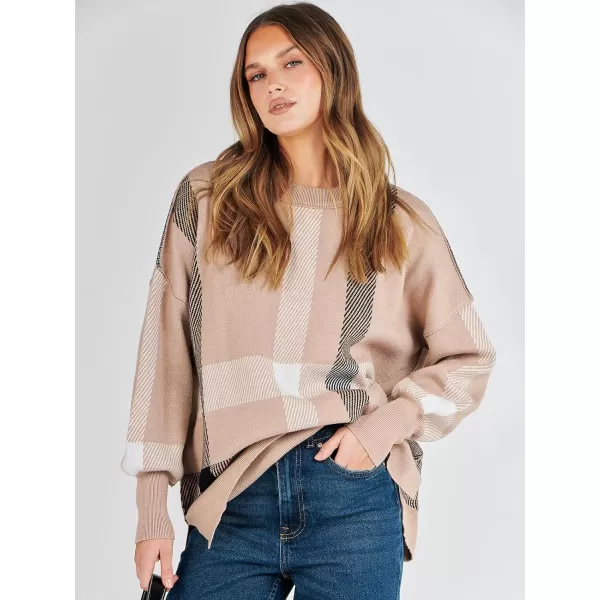 imageANRABESS Oversized Sweaters for Women Fall 2023 Crewneck Batwing Long Sleeve Side Slit Knit Pullover Sweater Tops JumperPlaid Khaki