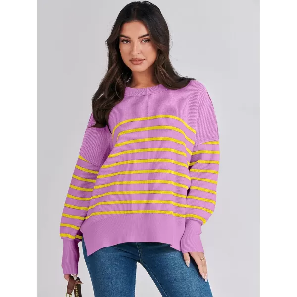 imageANRABESS Oversized Sweaters for Women Fall 2023 Crewneck Batwing Long Sleeve Side Slit Knit Pullover Sweater Tops JumperPurple