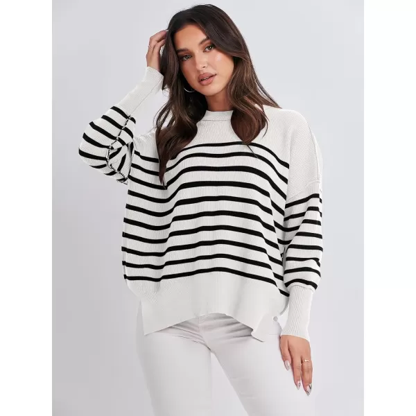 imageANRABESS Oversized Sweaters for Women Fall 2023 Crewneck Batwing Long Sleeve Side Slit Knit Pullover Sweater Tops JumperStripe Black