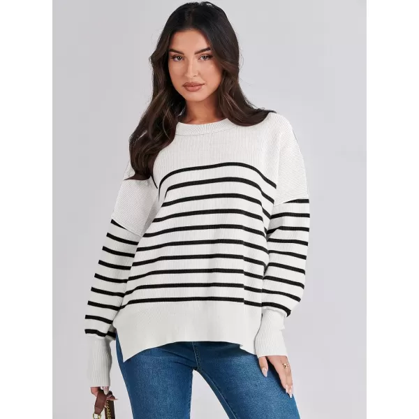 imageANRABESS Oversized Sweaters for Women Fall 2023 Crewneck Batwing Long Sleeve Side Slit Knit Pullover Sweater Tops JumperStripe Black