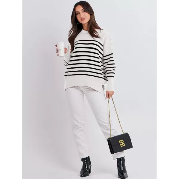 imageANRABESS Oversized Sweaters for Women Fall 2023 Crewneck Batwing Long Sleeve Side Slit Knit Pullover Sweater Tops JumperStripe Black