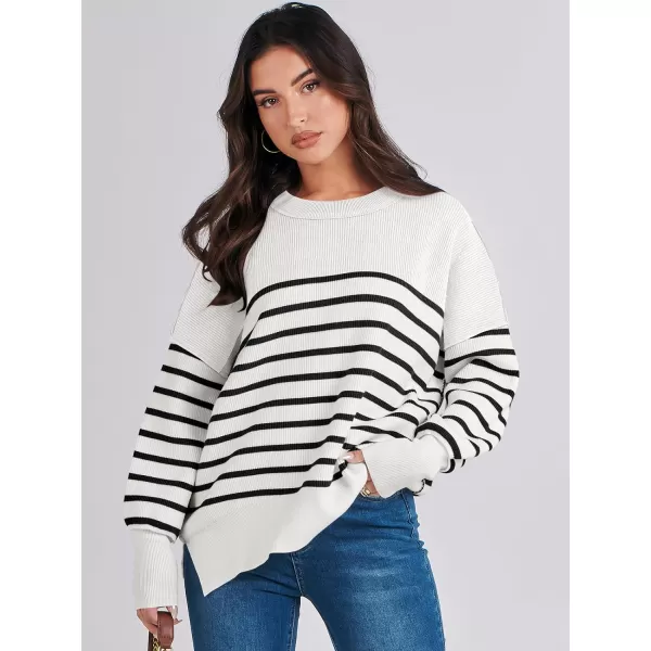 imageANRABESS Oversized Sweaters for Women Fall 2023 Crewneck Batwing Long Sleeve Side Slit Knit Pullover Sweater Tops JumperStripe Black